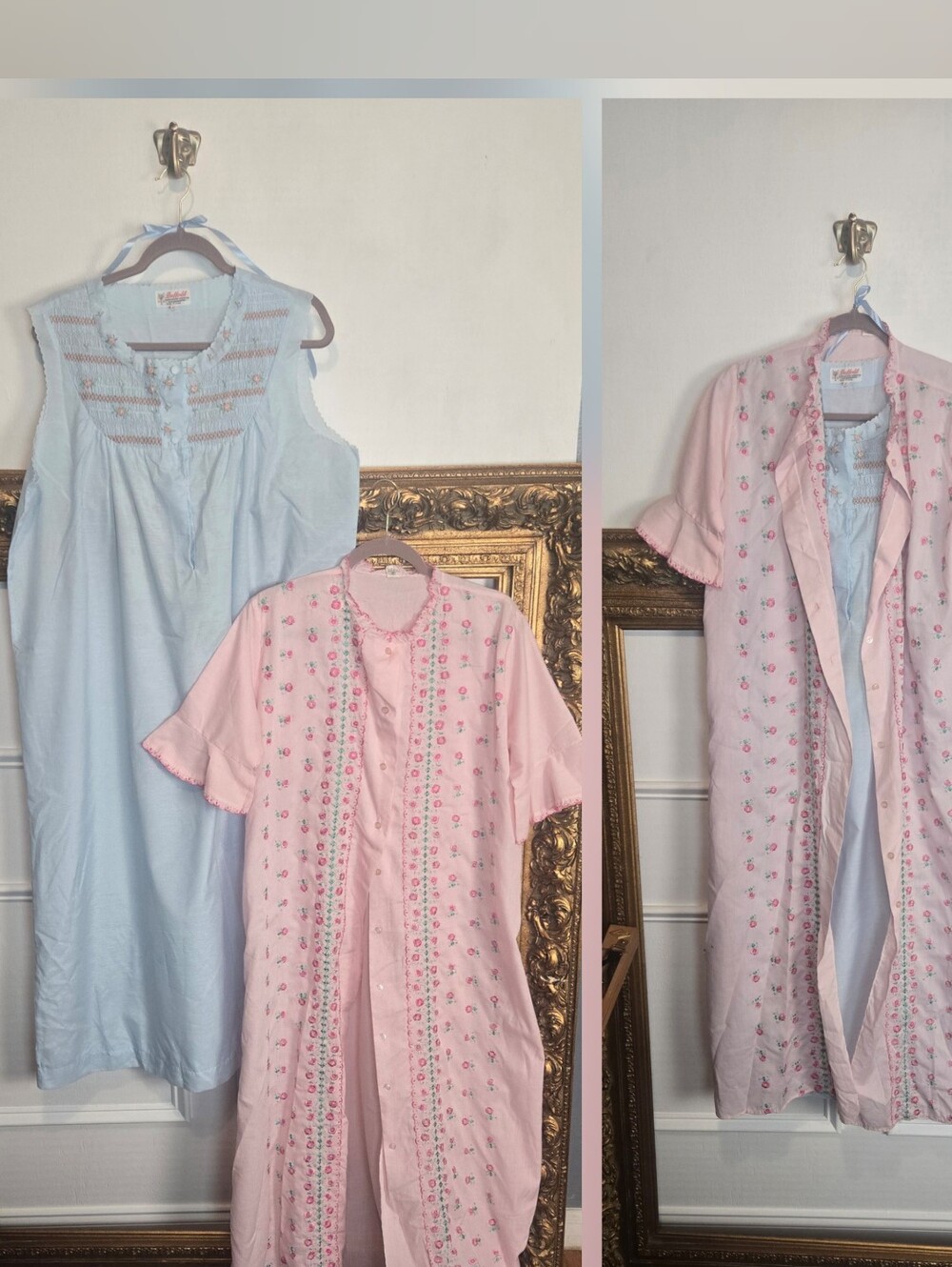 Vintage Cabbage Rose Nightgown Set Embroidered Robe Maxi Long Coquette Size XL
